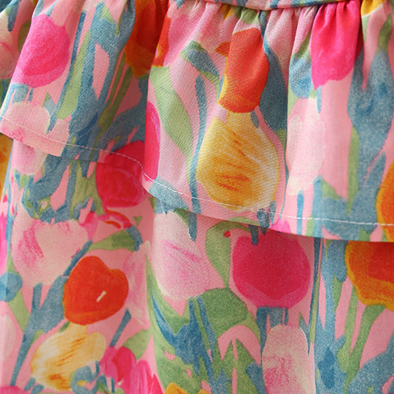 Abito estivo a balze con stampa di tulipani per bambina, completo di cappellino. - image 6