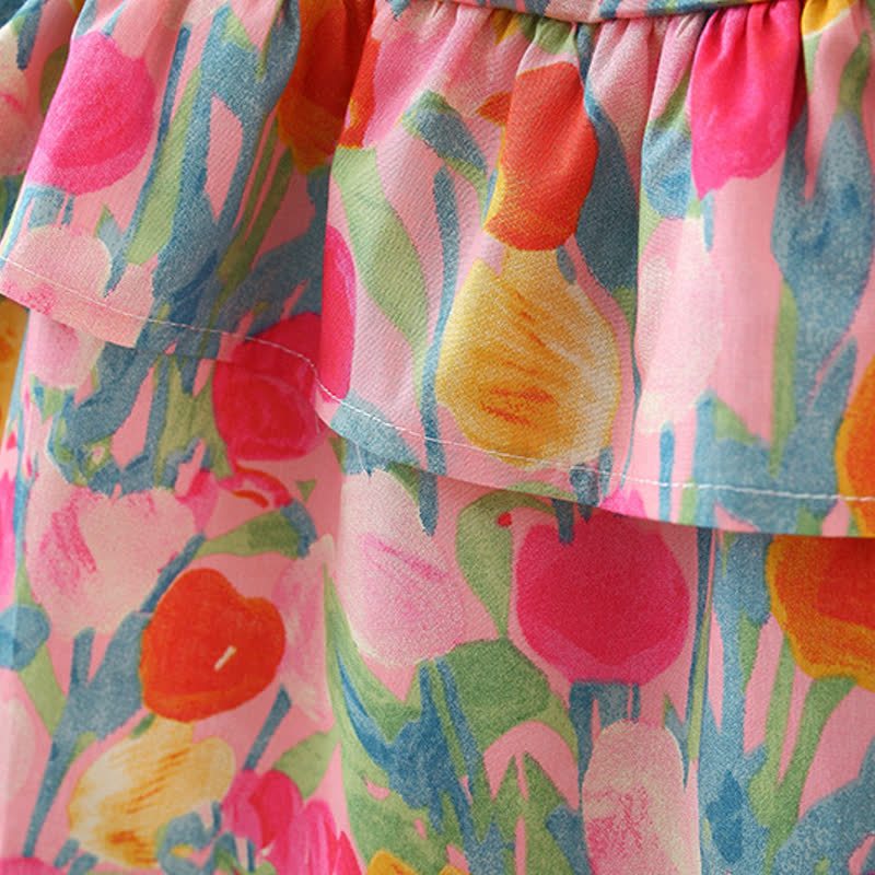 Abito estivo a balze con stampa di tulipani per bambina, completo di cappellino. - image 6