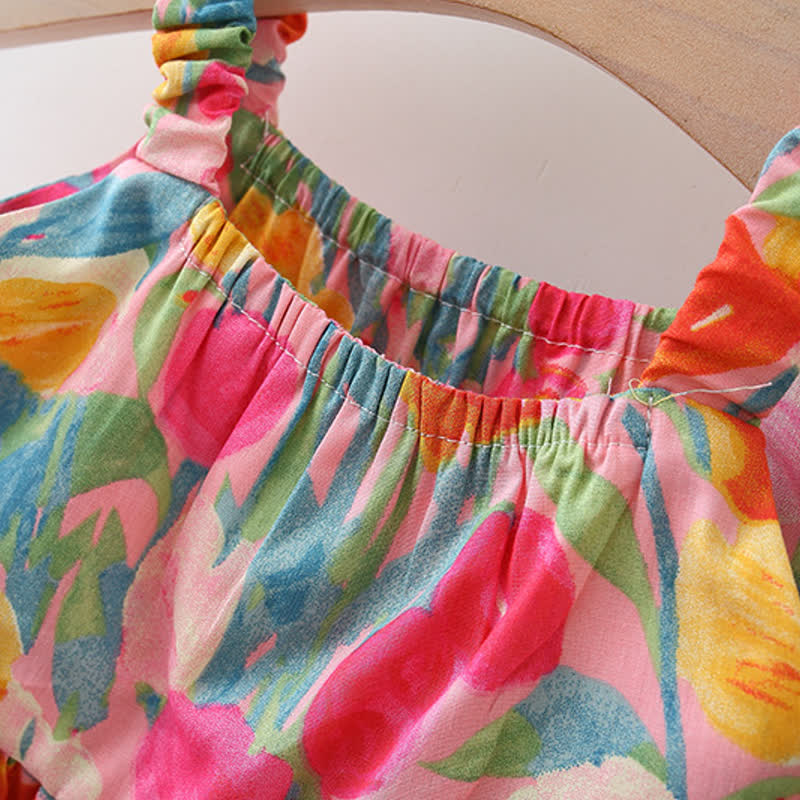 Abito estivo a balze con stampa di tulipani per bambina, completo di cappellino. - image 4