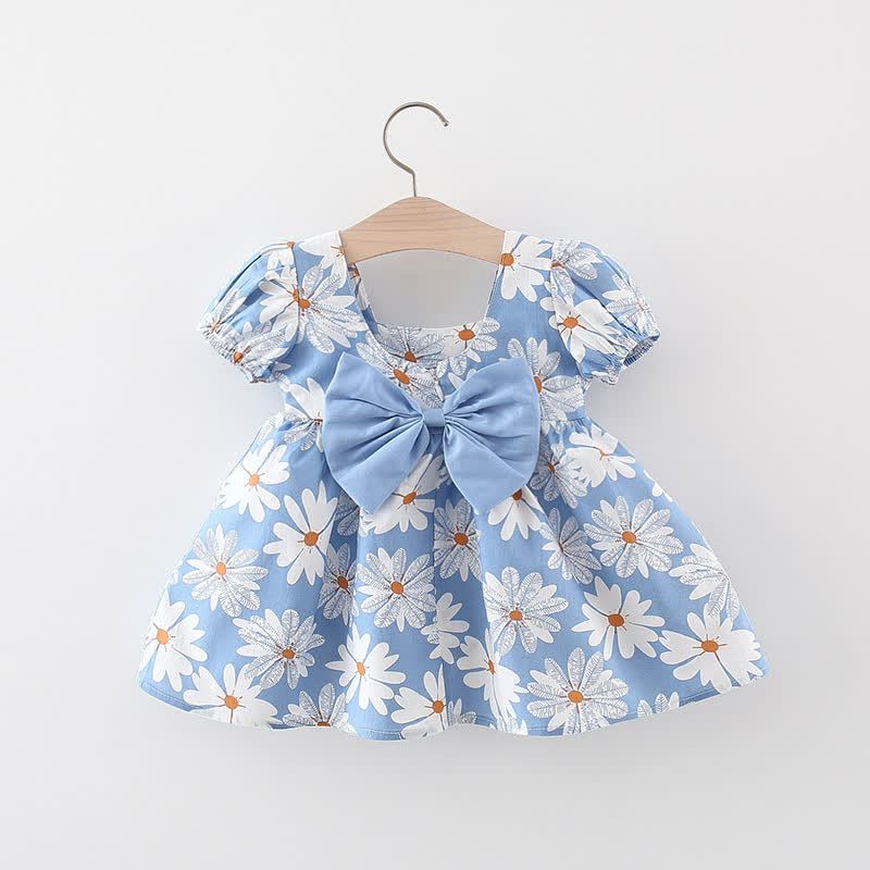 Vestitino per bambina con stampa margherite e fiocco, maniche a sbuffo. - Blu - 3-4 anni - image 1