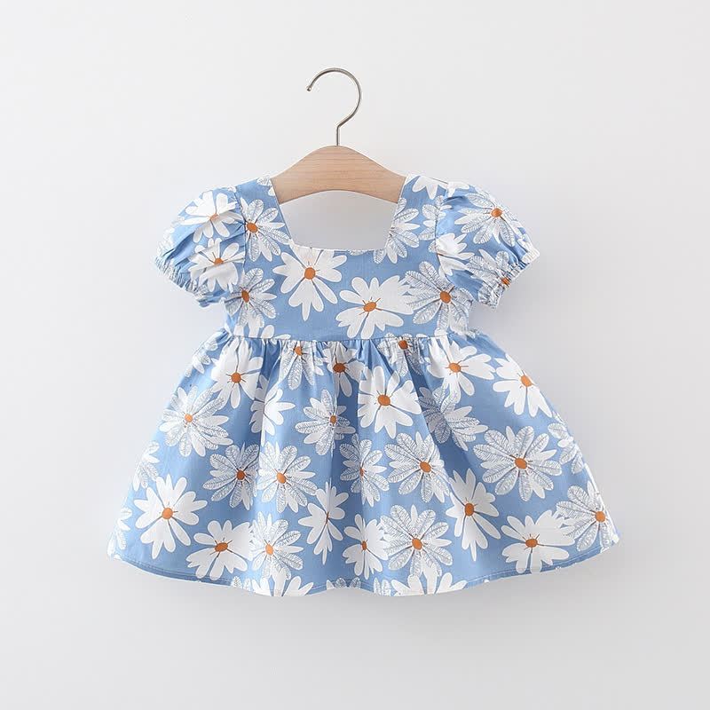 Vestitino per bambina con stampa margherite e fiocco, maniche a sbuffo. - image 4