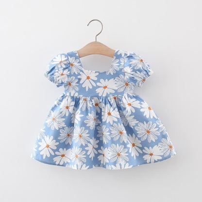 Vestitino per bambina con stampa margherite e fiocco, maniche a sbuffo. - image 4
