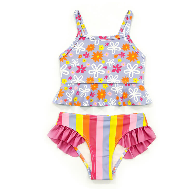 Costume da bagno a due pezzi per bambina con stampa floreale e volant. - Viola - 8-9T - image 3