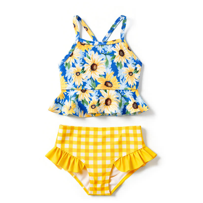Costume da bagno a due pezzi per bambina con stampa floreale e volant. - Blu - 8-9T - image 4
