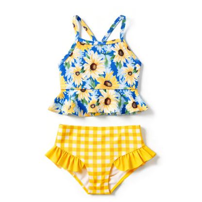 Costume da bagno a due pezzi per bambina con stampa floreale e volant. - Blu - 8-9T - image 4