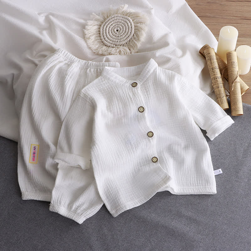 Completo per bambino composto da camicia e pantaloni in cotone stropicciato con colletto alla coreana, due pezzi. - Bianco - 8-9T - image 1