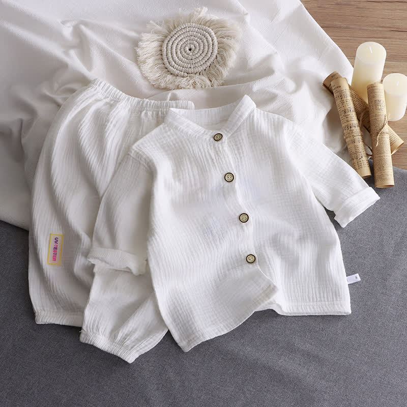 Completo per bambino composto da camicia e pantaloni in cotone stropicciato con colletto alla coreana, due pezzi. - Bianco - 8-9T - image 1