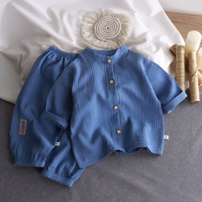 Completo per bambino composto da camicia e pantaloni in cotone stropicciato con colletto alla coreana, due pezzi. - Blu - 8-9T - image 2