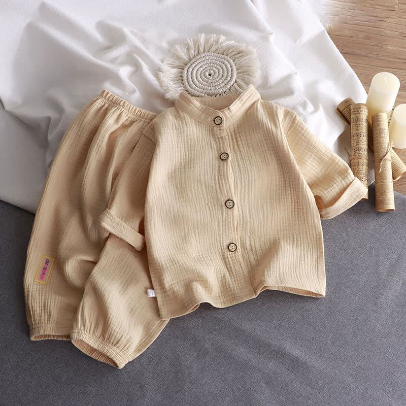 Completo per bambino composto da camicia e pantaloni in cotone stropicciato con colletto alla coreana, due pezzi. - Cachi - 8-9T - image 3
