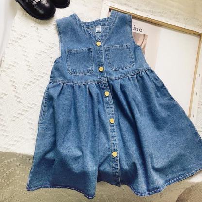 Vestito da bambina blu vintage in denim lavato con bottoni sul davanti - Blu - 8-9T - image 1