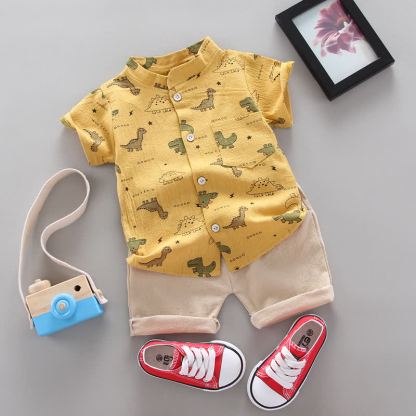 Completo per neonati composto da maglietta e pantaloncini con stampa di dinosauri dei cartoni animati. - Giallo - 3-4 anni - image 2