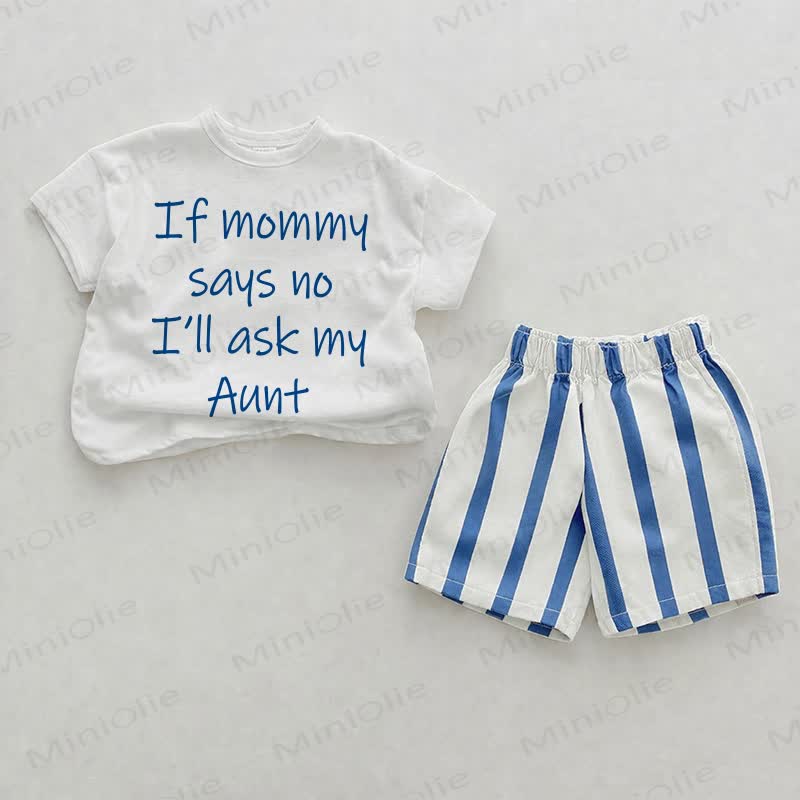 SE LA MAMMA DICE DI NO CHIEDO ALLA MIA ZIA Completo da bambina a due pezzi con pantaloncini a righe verticali blu e stampa. - Bianco e Blu - 2-3T - image 1