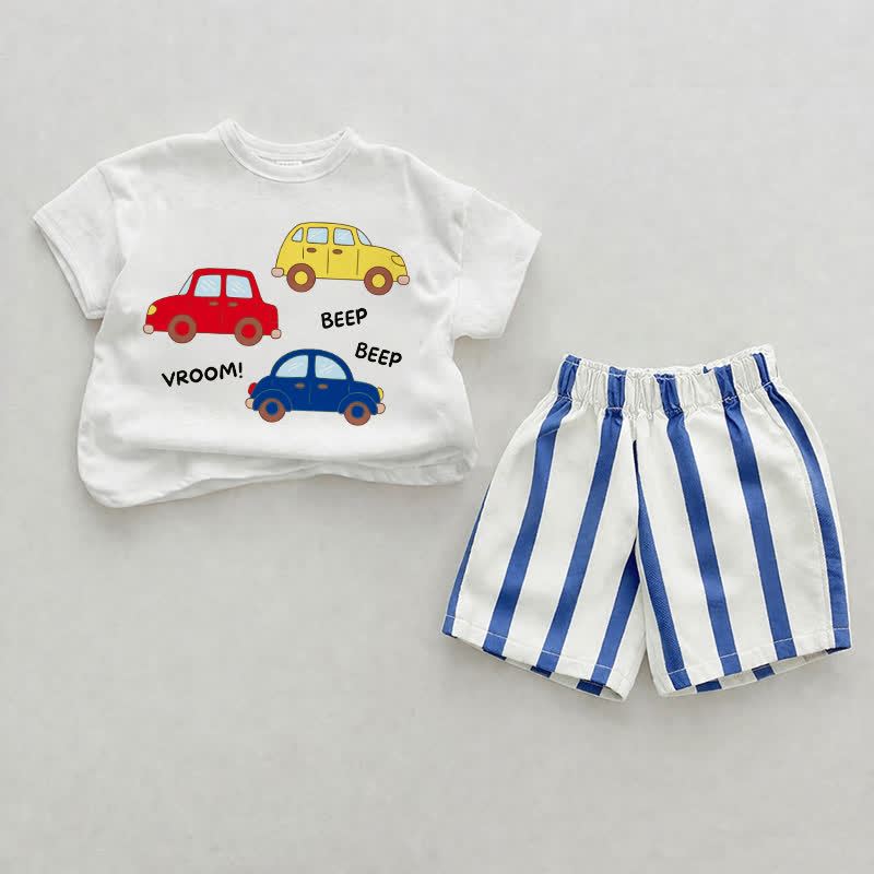 VROOM! BEEP BEEP Completo da 2 pezzi con pantaloncini a righe verticali blu e stampa di un'auto per bambini - Bianco e Blu - 2-3T - image 1