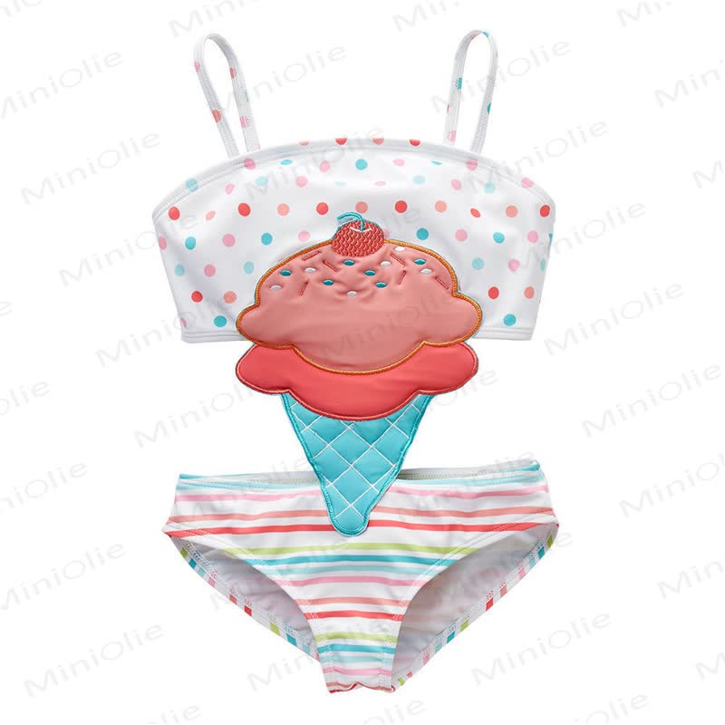 Costume da bagno a due pezzi senza maniche con stampa a cartoni animati per bambina. - Gelato bianco - 8-9T - image 3