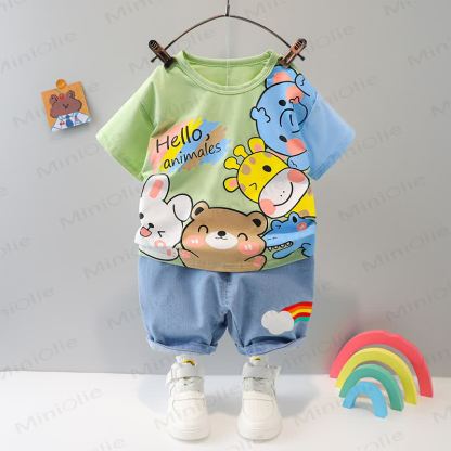 Completo per neonati composto da maglietta e pantaloncini con stampa di cartoni animati. - Verde - 3-4 anni - image 1