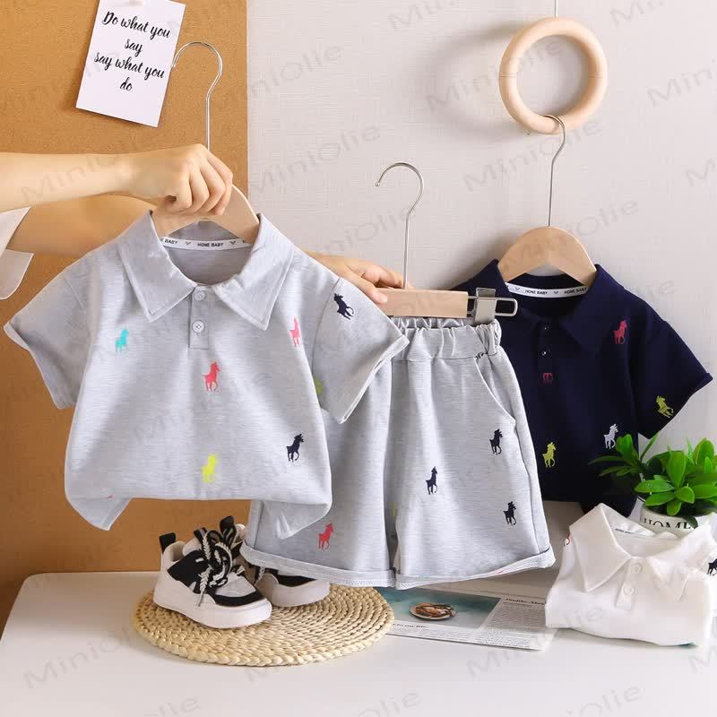 Completo da bambino con polo e pantaloncini con stampa pony. - Grigio - 4-5T - image 2