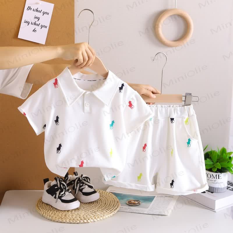 Completo da bambino con polo e pantaloncini con stampa pony. - Bianco - 4-5T - image 1