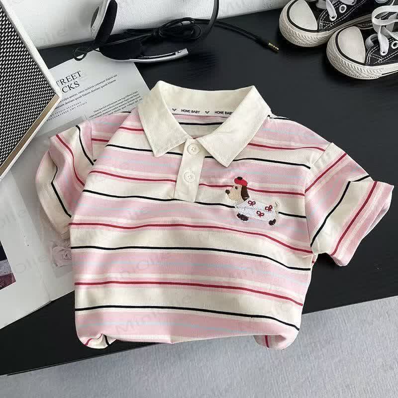 Completo da 2 pezzi con polo a righe ricamata e pantaloncini di jeans per bambini piccoli o maglietta - Camicia rosa - 4-5T - image 2