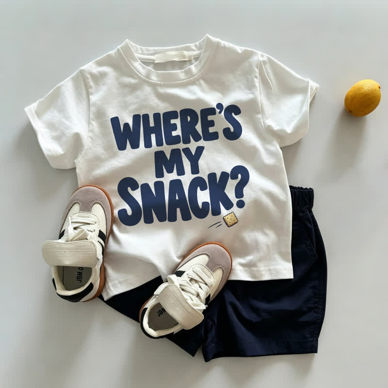 DOVE È IL MIO SPUNTINO? Completo da neonato/bambino composto da maglietta bianca e pantaloncini blu navy. - Bianco e blu navy - 3-5T - image 1