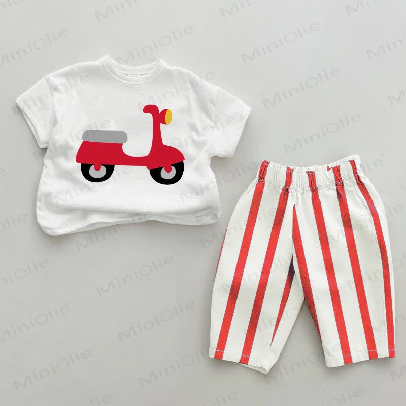 Set da 2 pezzi con stampa di monopattino elettrico per bambini, a righe rosse. - Bianco e Rosso - 4-5T - image 1