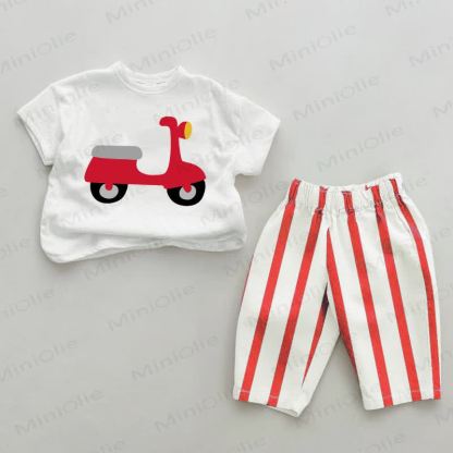 Set da 2 pezzi con stampa di monopattino elettrico per bambini, a righe rosse. - Bianco e Rosso - 4-5T - image 1