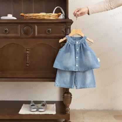 Completo senza maniche in denim blu baby - Blu - 2-3T - image 1