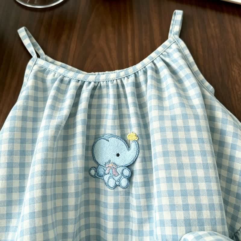 Vestitino estivo a quadretti blu con elefantini per bambina - image 2