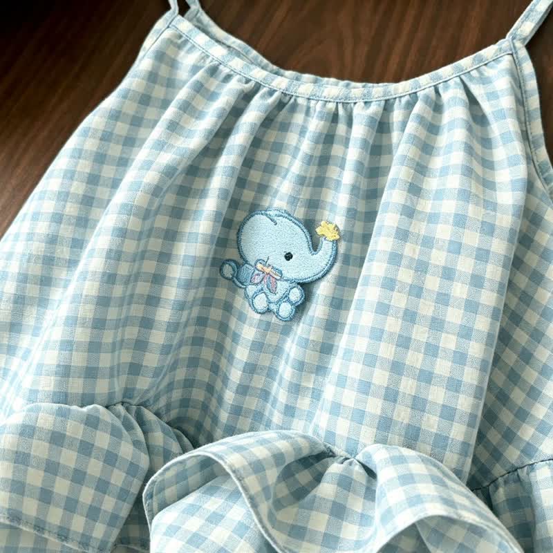 Vestitino estivo a quadretti blu con elefantini per bambina - image 3