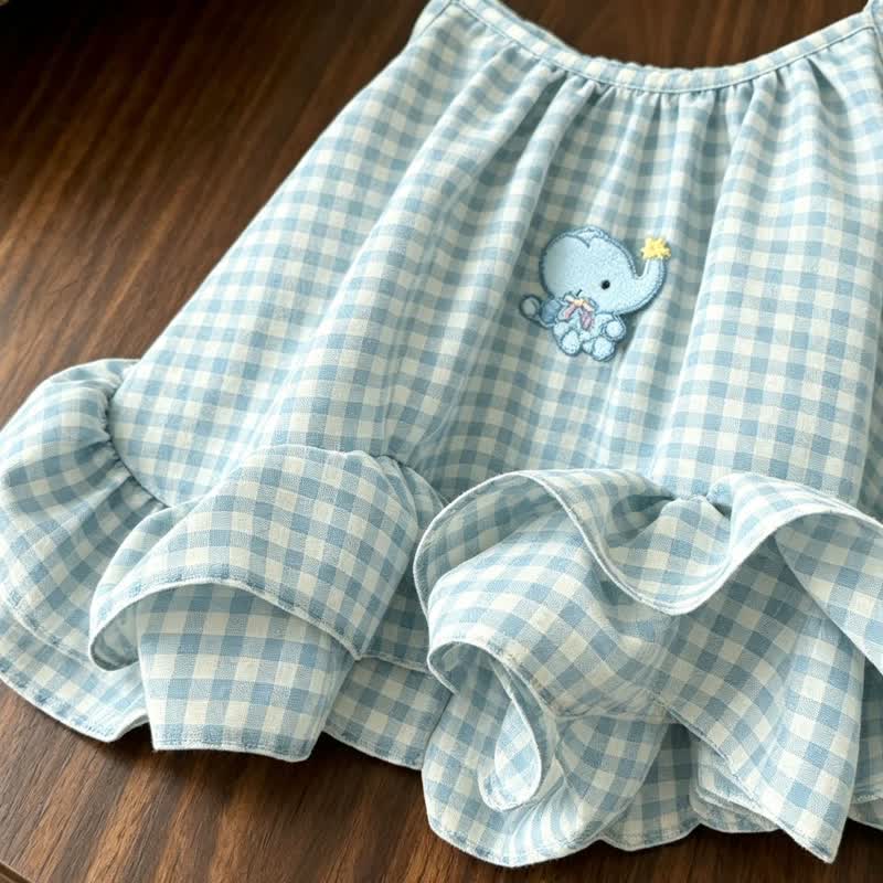 Vestitino estivo a quadretti blu con elefantini per bambina - image 4