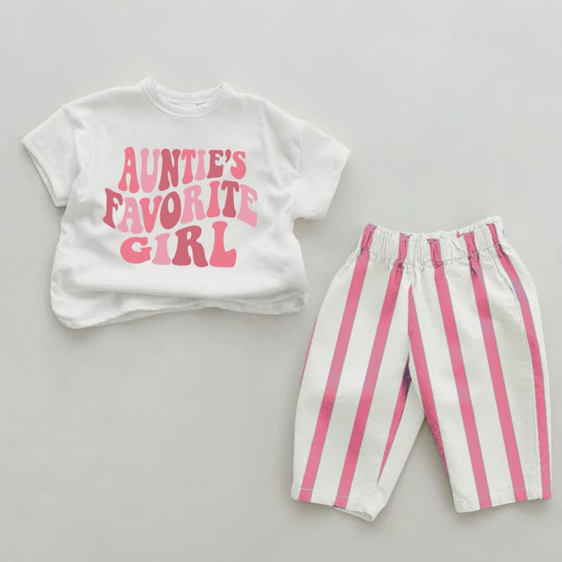 Completo da bambina a 2 pezzi con slogan "La ragazza preferita della zia", ​​a righe verticali rosa. - Bianco e rosa - 2-3T - image 1