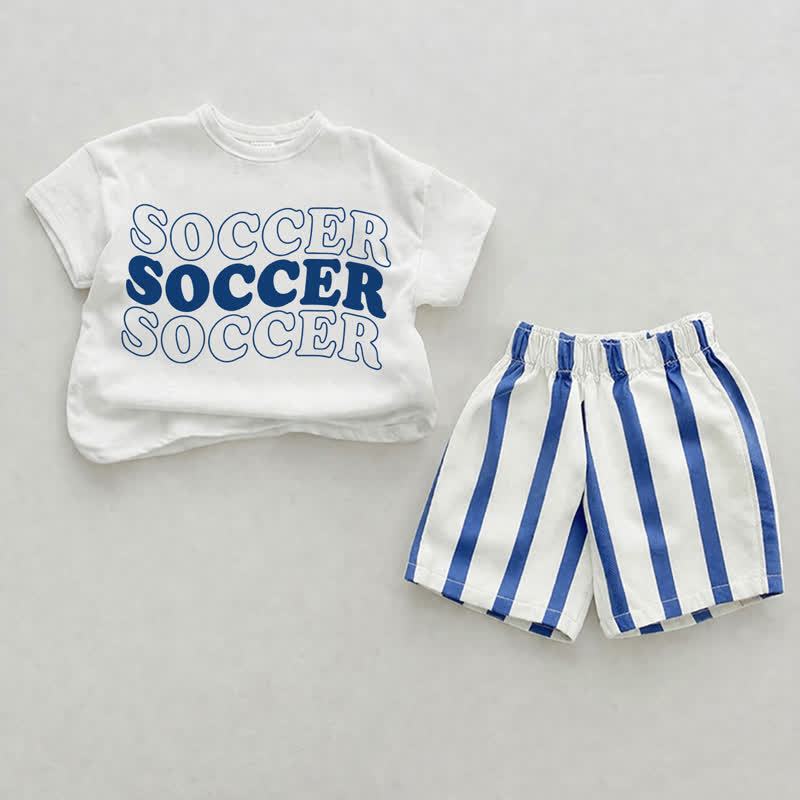 Completo da calcio per neonati, composto da pantaloncini a due pezzi a righe verticali bianche e blu. - Bianco e Blu - 2-3T - image 1