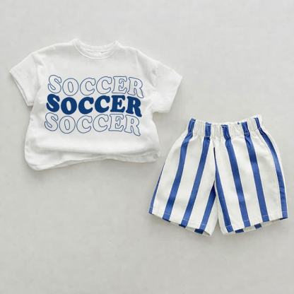 Completo da calcio per neonati, composto da pantaloncini a due pezzi a righe verticali bianche e blu. - Bianco e Blu - 2-3T - image 1