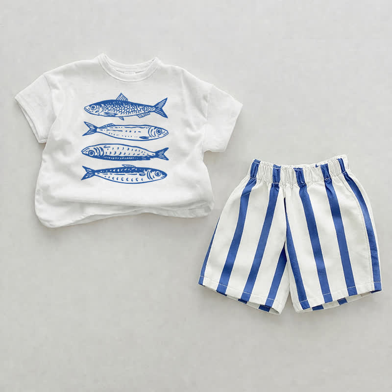 Completo due pezzi con pantaloncini a righe verticali Baby Sardine - Bianco e Blu - 2-3T - image 1