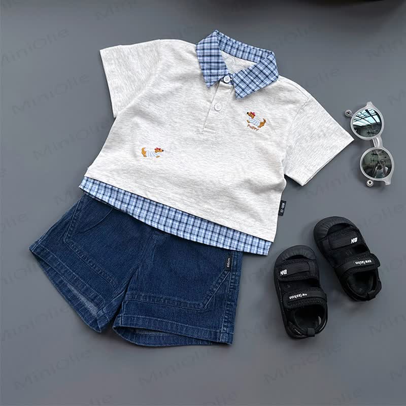 Polo a quadri con colletto o pantaloncini di jeans per neonati e bambini piccoli - image 1