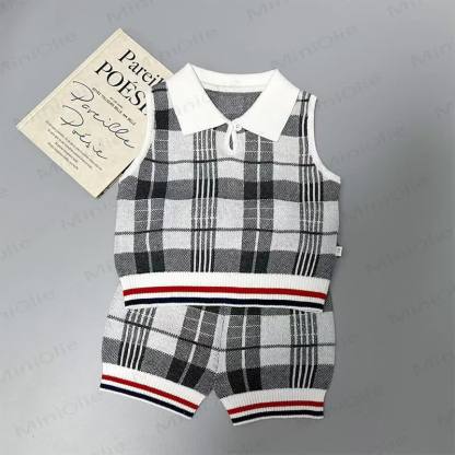 Completo da neonato/a composto da canotta con colletto e pantaloncini a quadri in maglia, due pezzi. - Grigio - 4-5T - image 2