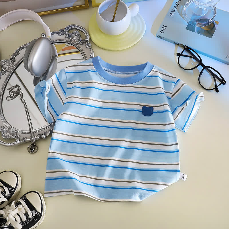 Maglietta estiva casual a righe con orsetto per neonati e bambini piccoli - Blu - 6-7T - image 2