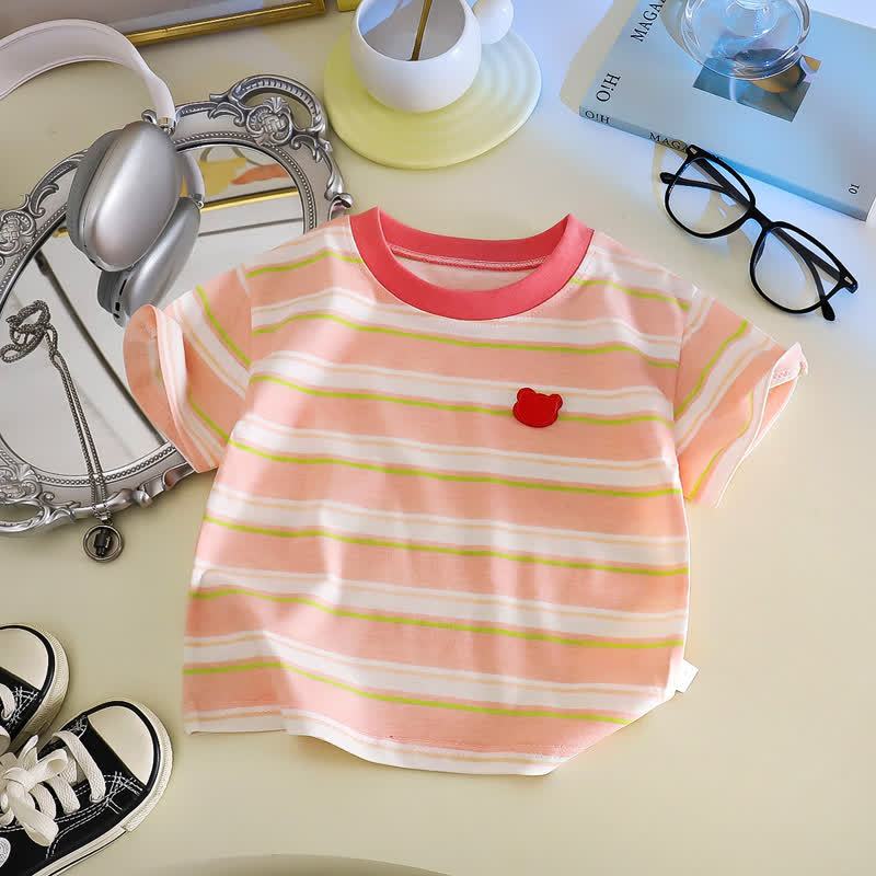 Maglietta estiva casual a righe con orsetto per neonati e bambini piccoli - Rosa - 6-7T - image 4