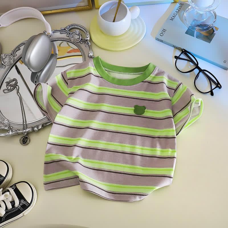 Maglietta estiva casual a righe con orsetto per neonati e bambini piccoli - Verde - 6-7T - image 3