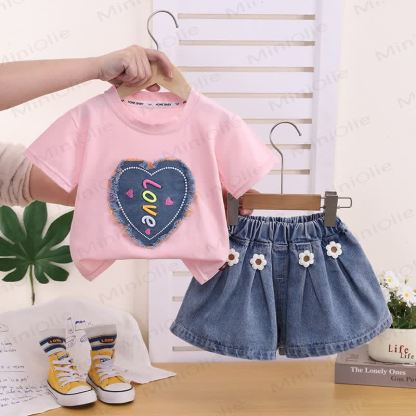 Completo senza maniche in denim con cuore LOVE Girls - Rosa - 4-5T - image 1