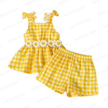 Completo senza maniche a quadretti giallo pastello con margherite - image 3