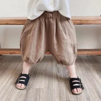 Pantaloni corti a gamba dritta in cotone e lino per bambini - Caffè - 6-7T - image 2