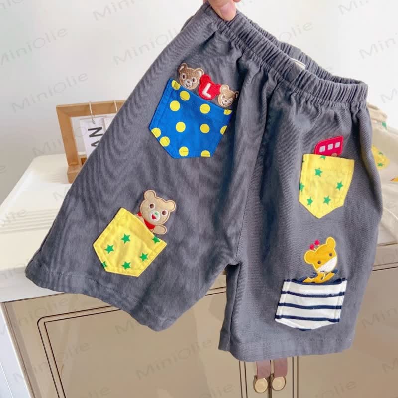 Pantaloncini da bambino con tasche applicate e disegni di animali - Grigio - 4-5T - image 2