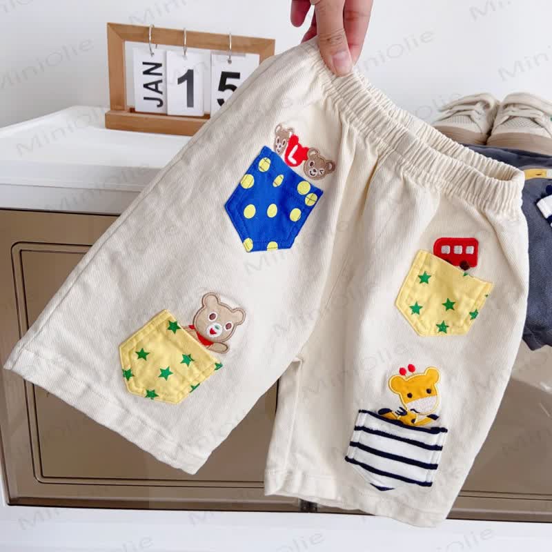 Pantaloncini da bambino con tasche applicate e disegni di animali - Beige - 4-5T - image 3