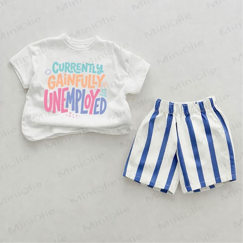 ATTUALMENTE DISOCCUPATO COMPLETO Completo due pezzi con pantaloncini a righe verticali azzurre - Bianco e Blu - 2-3T - image 1
