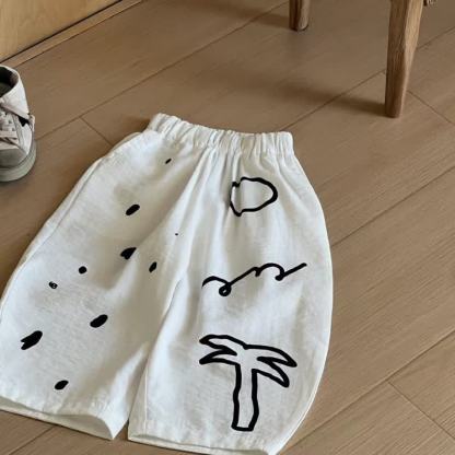 Pantaloni corti a gamba dritta in cotone e lino per bambini - Bianco - 6-7T - image 1