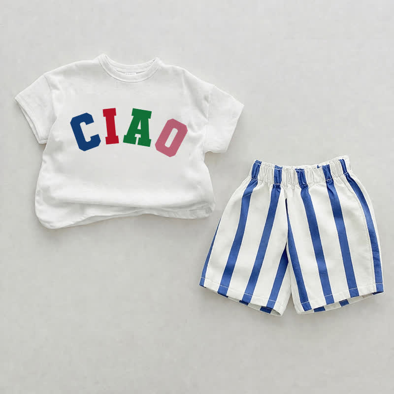 Completo CIAO composto da pantaloncini a due pezzi con scritta e righe verticali azzurre - Bianco e Blu - 2-3T - image 1