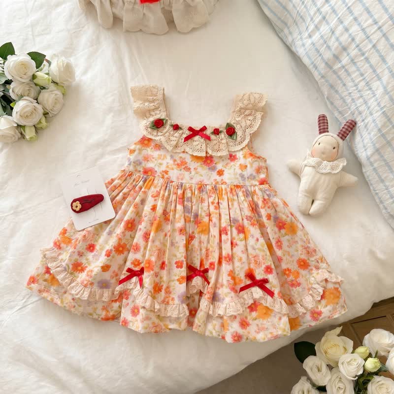 Vestitino arancione vintage con pizzo floreale per bambina - Arancia - 6.5-8T - image 1