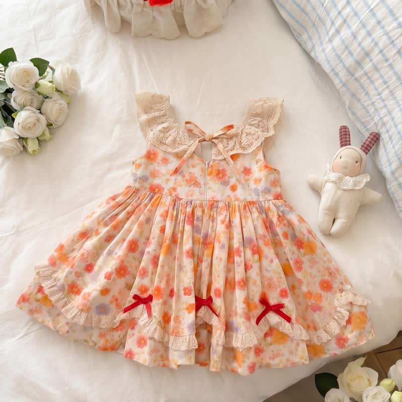 Vestitino arancione vintage con pizzo floreale per bambina - image 2