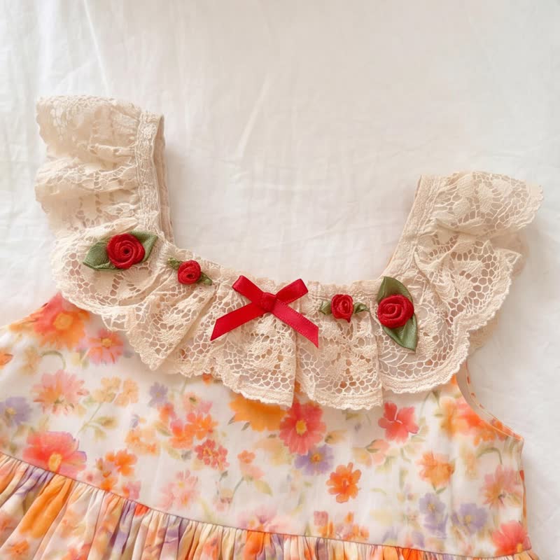 Vestitino arancione vintage con pizzo floreale per bambina - image 3
