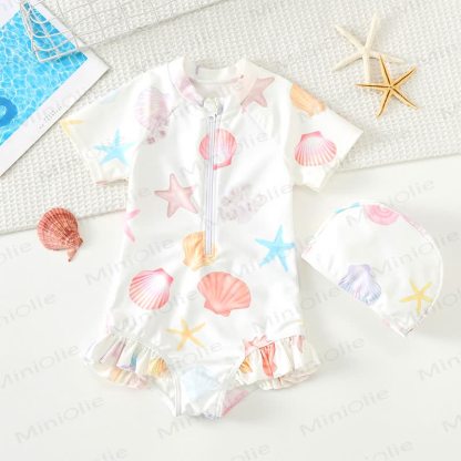 Costume da bagno intero per bambina con volant e cuffia inclusa. - Stella marina bianca - 8-9T - image 2